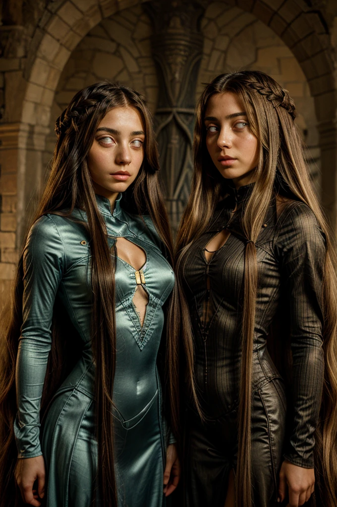 2 итальянские девушки с волосами Рапунцель, фигура песочные часы, устройство контроля разума на их головах, пустые глаза