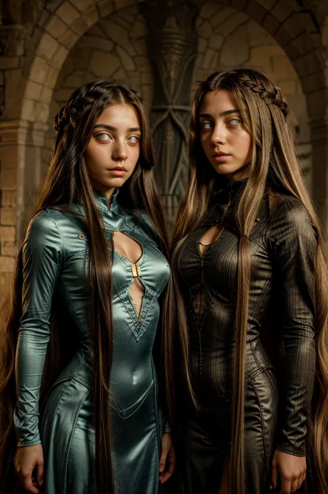 2 Italian girls with Rapunzel Hair, Hourglass figure, a mind control device on their heads, blank eyes