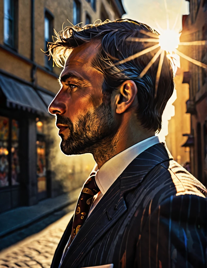 (Close-up) profile of a man in a suit about 35 years old in the city with the sun on his face, dark fantasy paper style from the 70s, with intense painting in a German romantic style. Shadows and spectacular lighting.