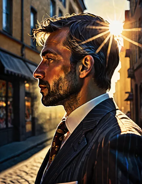 (close-up) profile of a man in a suit about 35 years old in the city with the sun on his face, dark fantasy paper style from the...