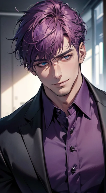 (best quality,4k,8k,highres,masterpiece:1.2),ultra-detailed,(realistic,photorealistic,photo-realistic:1.37),1 man,31 years old,mature man,very handsome,without expression,smile,short purple hair,blue eyes,penetrating gaze,perfect face without errors,imposing posture,businessman,office background,cinematic lighting,hdr image