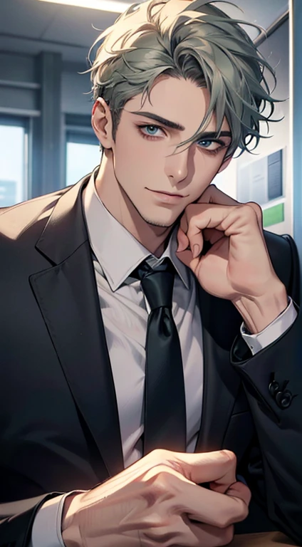 (best quality,4k,8k,highres,masterpiece:1.2),ultra-detailed,(realistic,photorealistic,photo-realistic:1.37),1 man,31 years old,mature man,very handsome,without expression,smile,short grey green hair,blue eyes,penetrating gaze,perfect face without errors,imposing posture,businessman,office background,cinematic lighting,hdr image