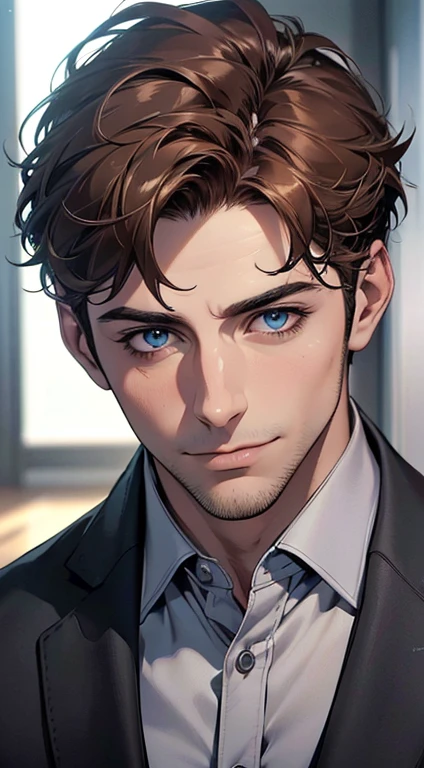 (best quality,4k,8k,highres,masterpiece:1.2),ultra-detailed,(realistic,photorealistic,photo-realistic:1.37),1 man,3,mature man,very handsome,without expression,smile,short brown hair,blue eyes,penetrating gaze,perfect face without errors,imposing posture,businessman,office background,cinematic lighting,hdr image