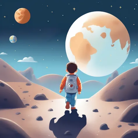 children's picture books,crayon paintings,white background,simple background,
A little boy walking on the moon, facing the camer...