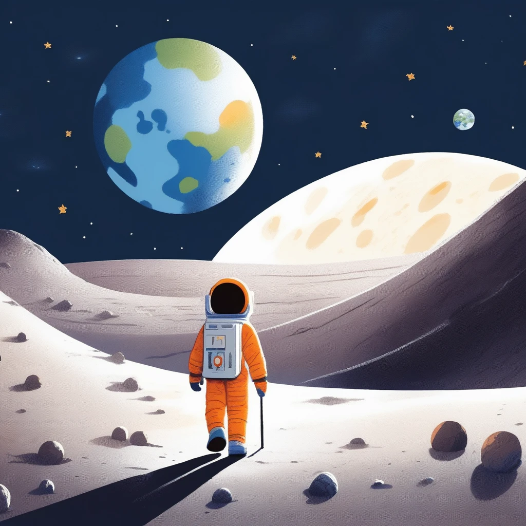 children's picture books,crayon paintings,white background,simple background,
A little boy walking on the moon, facing the camera, earth planet in background, slowly approaching, with high definition and quality,