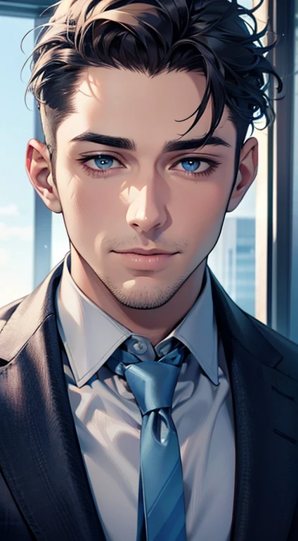 (best quality,4k,8k,highres,masterpiece:1.2),ultra-detailed,(realistic,photorealistic,photo-realistic:1.37),1 man,3,mature man,very handsome,without expression,smile,short blue back hair,blue eyes,penetrating gaze,perfect face without errors,imposing posture,businessman,office background,cinematic lighting,hdr image