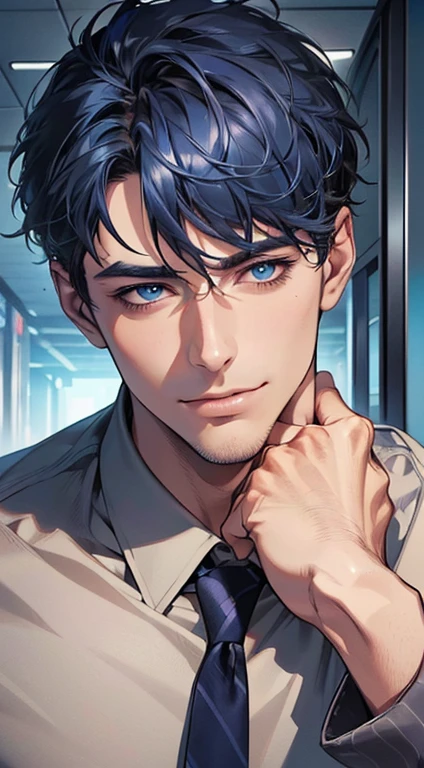 (best quality,4k,8k,highres,masterpiece:1.2),ultra-detailed,(realistic,photorealistic,photo-realistic:1.37),1 man,31 years old,mature man,very handsome,without expression,smile,short blue hair,blue eyes,penetrating gaze,perfect face without errors,imposing posture,businessman,office background,cinematic lighting,hdr image
