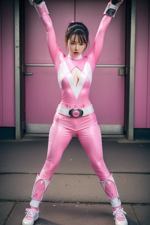 pink theme，pink ranger suit、voluptuous,  full body, tied on Saint Andrew's bondage platform in X position