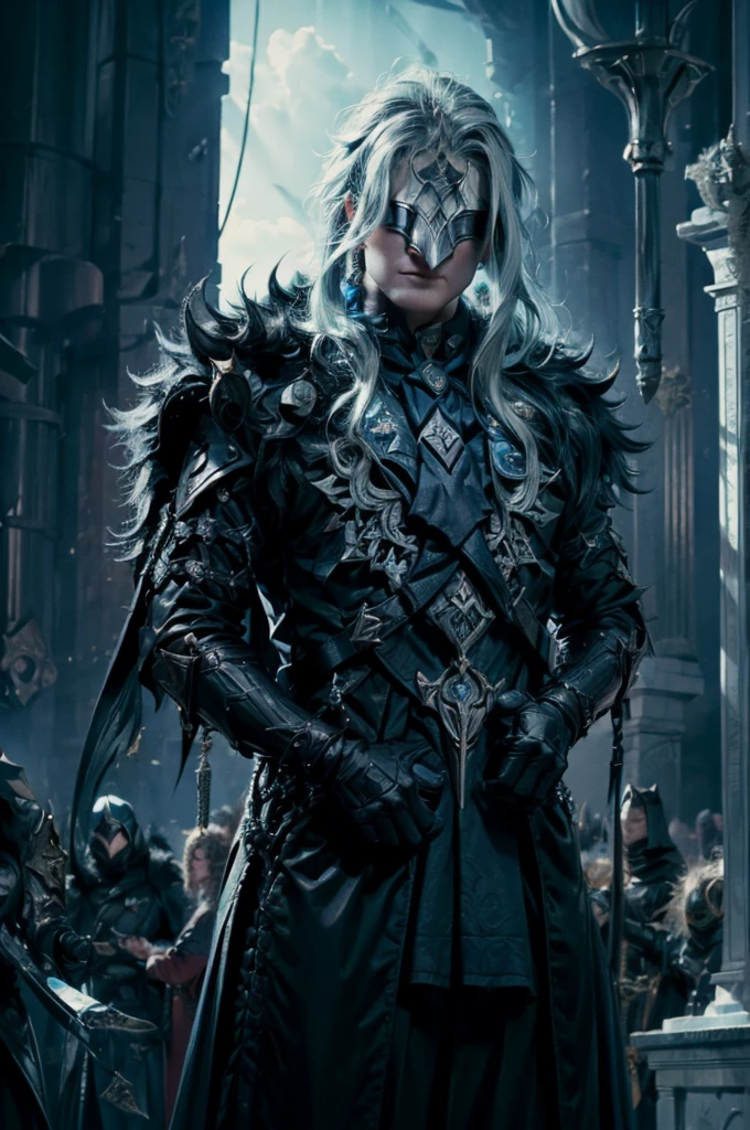 A muscle knight man in realistic portrait of high quality and detail, 2000's movie style, russian, Dottore (Genshin Impact), He has long blue hair and wears a black pointed mask covering his eyes. He is wearing a white coat with silver inserts over a blue shirt and loose black trousers. There are a lot of black belts and blue details on the clothes. Dottore wears black fur, which is attached to the right shoulder pad, resembling a plague doctor mask. dark and mysterious atmosphere, pale skin, glow, 1man, fantasy, Depth & Perspective, Mystical powers, black armor, fine face, he standing on a hill, outside, the royal palace of the 15th century on the background, blue sky, white cloud, looking at viewer, (ultra-high detail:1.2), Masterpiece, Best Quality, Ultra-detailed, Cinematic lighting, 8K, delicate features, cinematic, 35 mm lens, f/1.9, highlight lighting, global lighting –uplight –v 4, cinematic, intense gaze, Cinematic lighting, 8K, high quality, Highest Quality, (Solo Focus), (extremly intricate:1.3), (Realistic), dramatic, masterful, Analog style, (Film grain:1.5), (warm hue, cold tone), a close up of a person surrounded, destruction behind back