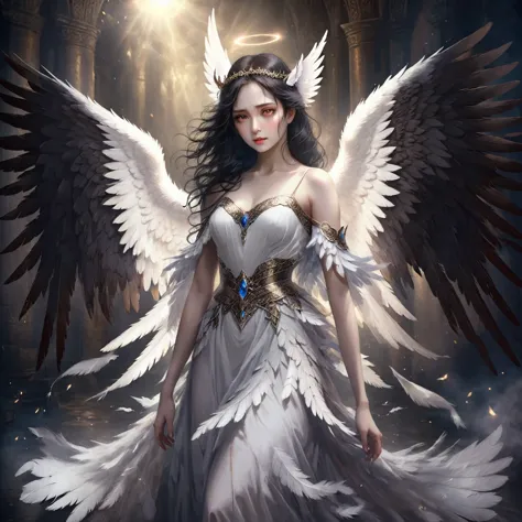 a beautiful dark-haired angel with white feathered wings, a mismatched demonic counterpart, detailed portraiture, dark fantasy, ...