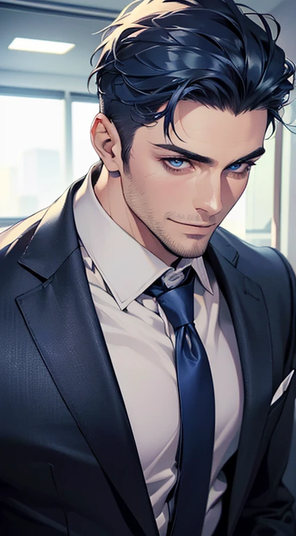 (best quality,4k,8k,highres,masterpiece:1.2),ultra-detailed,(realistic,photorealistic,photo-realistic:1.37),1 man,31 years old,mature man,very handsome,without expression,smile,short blue hair,blue eyes,penetrating gaze,perfect face without errors,imposing posture,businessman,office background,cinematic lighting,hdr image