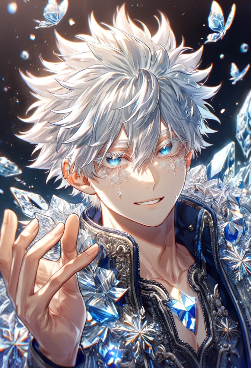 absurdres, highres, ultra detailed, HDR, master piece, best quality, extremely detailed face, delicated features, Gojou Satoru, white hair, messy hair, hair between the eyes, expressive blue eyes, white eyelashes, Boku No Hero Academia, sexy man, solo, handsome, smiling, blue jacket with fur, black shirt, black pants, fantasy, magical, ice, ice butterflies, snowflakes, starry night, crystal glass style