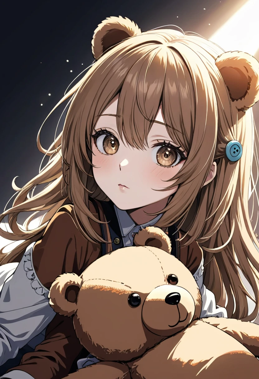 detailed illustration (side view),dynamic angle, ultra-detailed, illustration, clean line art, shading, anime, detailed eyes, detailed face, beautiful face, dramatic lighting, detailed illustration, dynamic angle, ultra-detailed, illustration,

A brown teddy bear with button eyes.