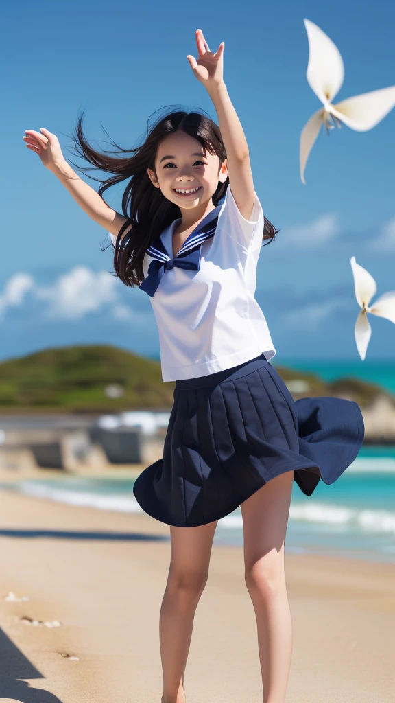 1 chica,(((océano de okinawa)))、(((Playas de arena blanca en Okinawa)))、(((Sólo une tus manos y reza)))、(((mirada misteriosa)))、8k hd、Cámara réflex digital de objetivo único、alta resolución、poca profundidad de campo、luz natural、(((Traje de marinero)))、Mirada del ombligo、(((minifalda azul marino)))、(((un espumoso, sonrisa encantandora)))、(((fotografía de cuerpo completo)) )、persona pequeña、(((cara joven)))、1 mujer japonesa、12 años de edad;hermosa chica、(pelo negro)、Un viento fuerte me levanta la falda、(((Ojos cafés)))、piel brillante、Cabello suave y adelgazado、pelo largo、antecedentes detallados、ojos y rostro detallados、Ojos claros、linda sonrisa、Ambiente tranquilo、(((escenario)))、(((senos pequeños)))、(((ojos bonitos)))、pecho plano、niños、(((Muslos tonificados))) 、(((Ángulo desde abajo) ))、(((labios finos)))、(((Falda ondeando)))、Hermosas piernas brillantes、( Falda ondeando violently in the strong wind :1.4),   (Cabello ondeando con el fuerte viento:1.4), (Inclinándose hacia adelante)、descalzo、descalzo、((((Una falda levantada por un fuerte viento.))))