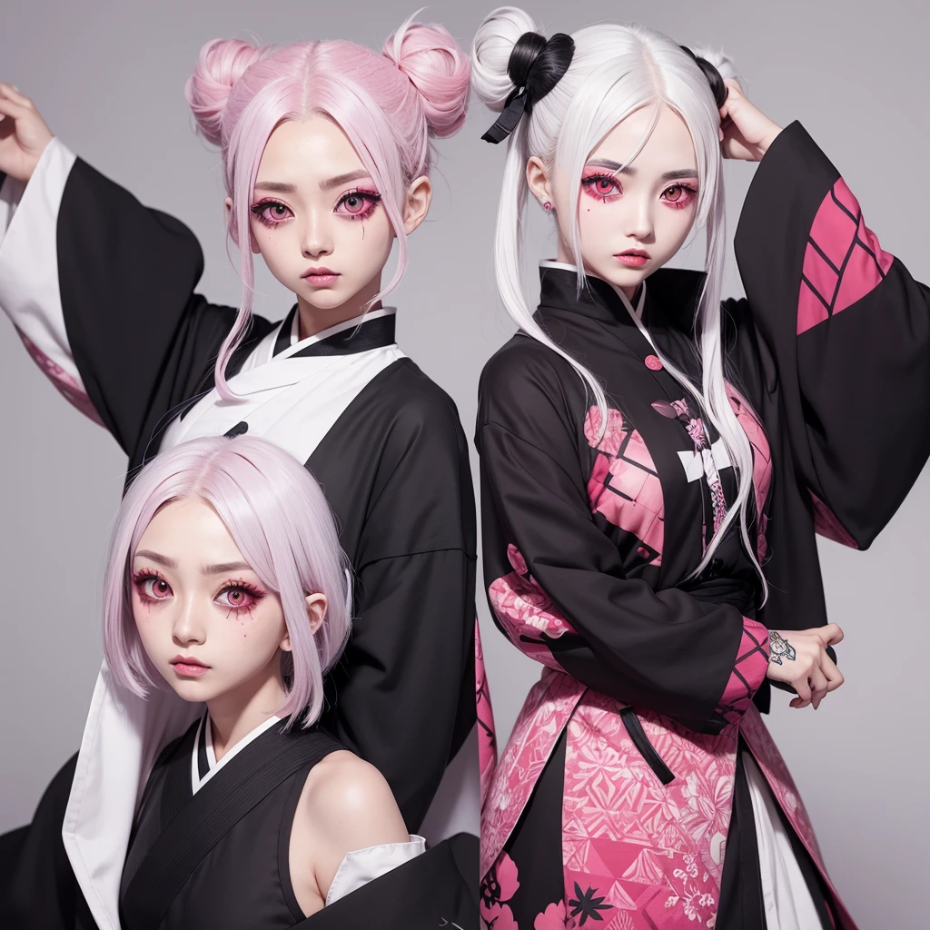 kimetsu female character, one red eye and one pink eye with white hair, white eyelashes too