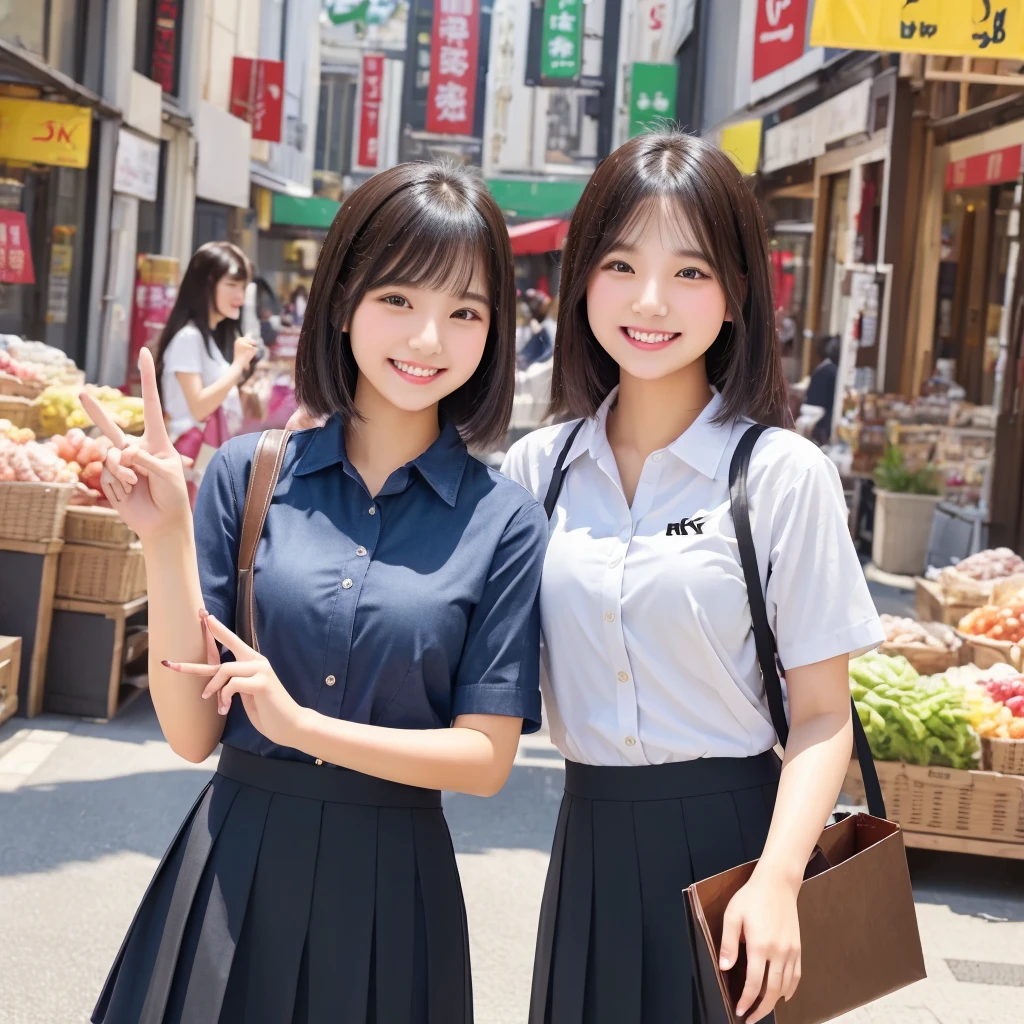 ((Best quality, 8K, Masterpiece:1.3)), 2 students、A confident smile、conversation、Peace sign gesture、Black Hair、City shopping street、Slacks and skirts、Wearing a shirt、Highly detailed face and skin texture、Highly detailed fingers。