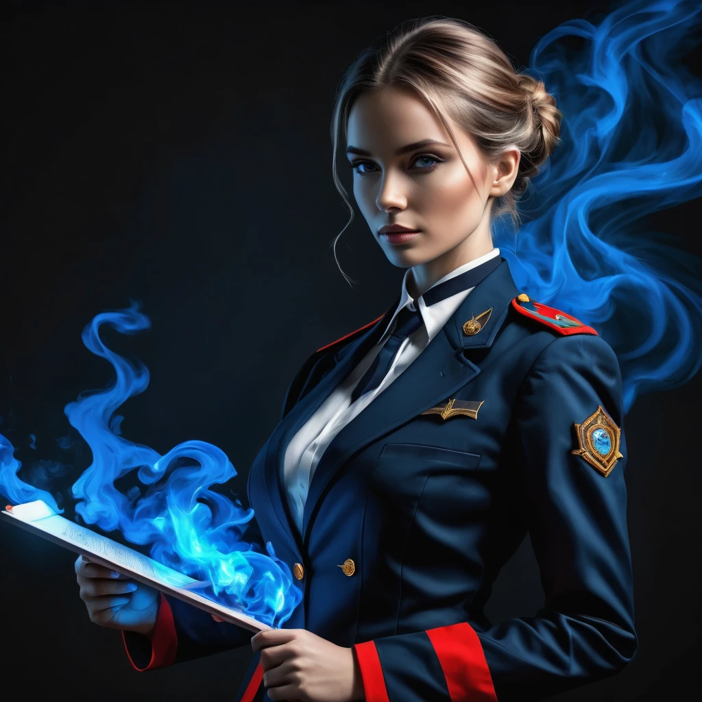 ((whole body):1.2),((Selective color):1.1), Drawing of a female bureaucrat in her official uniform, cups, magic wand with blue glow, smooth lines, piece of art, Express expressions and postures through ink contrast, emphasize the light, shadow and space. arte figurativa, (best qualityer, 4K, 8K, high resolution,work of art:1.2) ,(real, Photoreal, photo-real:1.37).