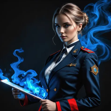 ((whole body):1.2),((Selective color):1.1), Drawing of a female bureaucrat in her official uniform, cups, magic wand with blue g...