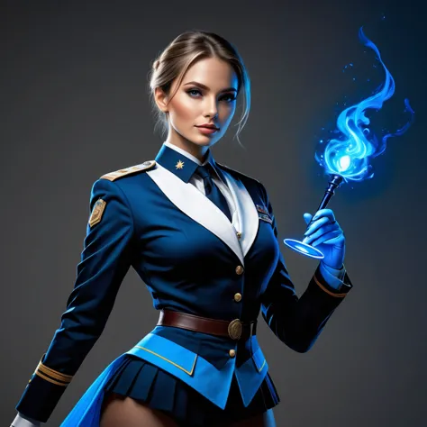 ((whole body):1.2),((Selective color):1.1), Drawing of a female bureaucrat in her official uniform, cups, magic wand with blue g...