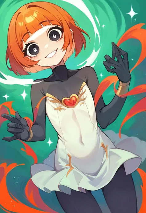 yorumac, yoru mac, short hair, bangs, (black eyes:1.5), blunt bangs, orange hair, bob cut, smile, bright pupils, BREAK looking a...