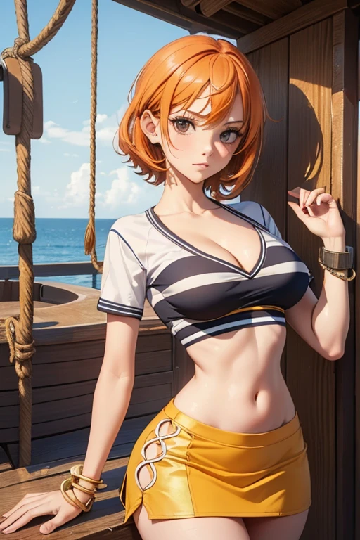 (masterpiece), best quality, expressive eyes, perfect face, front lighting, (outside onboard pirate ship at sea background), (posing), (seductive look), (cleavage view), (1girl, Nami, 18 years old, orange hair, short hair, brown eyes, hourglass figure, left shoulder tattoo, skinny body, thin body, petite_body, small breasts, wide hips, thick thighs), (striped shirt, white shirt, short sleeves, exposed cleavage, bracelet, yellow skirt),