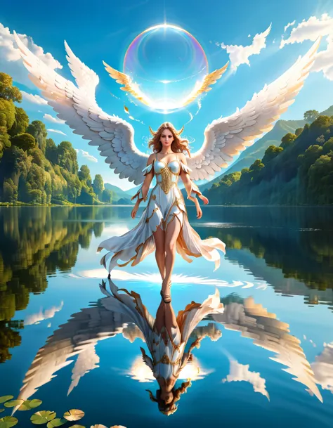a picture of a female angel flying over a lake ((the angel's reflection mirrored perfectly in the lake: 1.5)), full body shot, a...