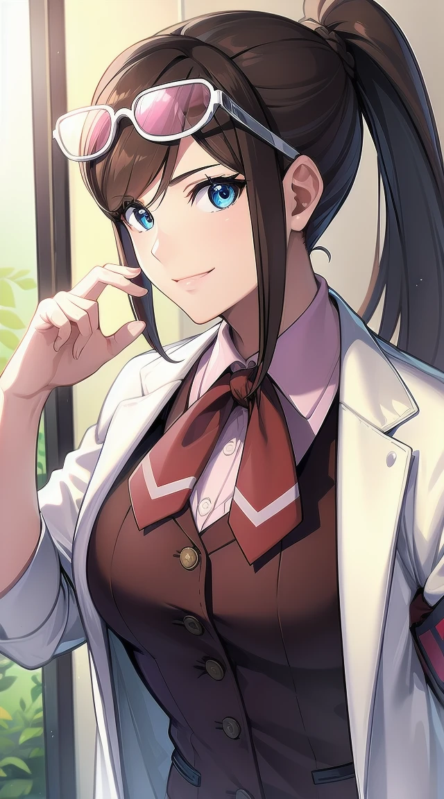 1girl,brown hair
BREAK ((emaskye, (ponytail, brown hair, labcoat),armband, eyewear on head:1.4))
BREAK ((smiling,fullbody:1.1))
BREAK indoors,
BREAK looking at viewer, 
BREAK (masterpiece:1.2), best quality, high resolution, unity 8k wallpaper, (illustration:0.8), (beautiful detailed eyes:1.6), extremely detailed face, perfect lighting, extremely detailed CG, (perfect hands, perfect anatomy),