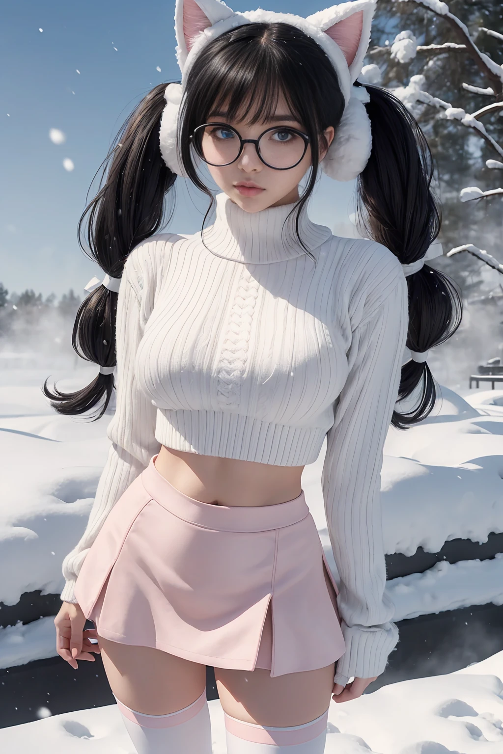 (Best Quality,High resolution:1.2), Ultra-detailed, Realistic portrait, hot Russian girl, pretty face, perfect long legs, full body, tiny waist. large breasts, standing, tight white cropped jumper, black high waist leggings, pink and white snow boots, in the snow, large blue eyes, long black hair tied up with a ribbon, pigtails, tight high waist mini skirt, woolen socks, hair bangs, snowing, foggy, (large round black rimmed glasses), cat ears, (large bow at the back of head, midriff)