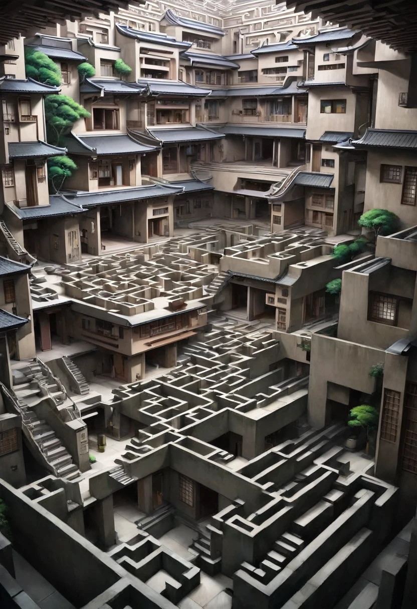 Infinitely large extra-dimensional space in a non-symmetrical MC Escher labyrinth style. It consists of several living rooms, various corridors, various endless halls and many stairs in a Japanese style. There is no ceiling. It has a distorted sense of gravity, allowing the rooms to be upside down or perpendicular to the stairs. Its physics is distorted. Its structure and random layout. Style Photorealist