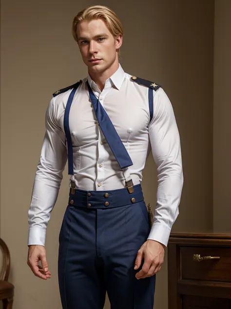 handsome muscular blond british officer of the 19th century in breeches, shirt, and removed suspenders