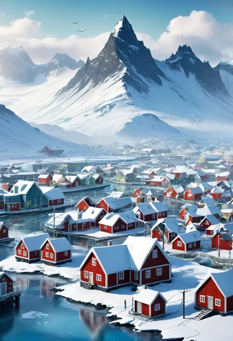 make me a winter town inspired by iceland and norway, with icy mountains in the background, modern norse mythology.