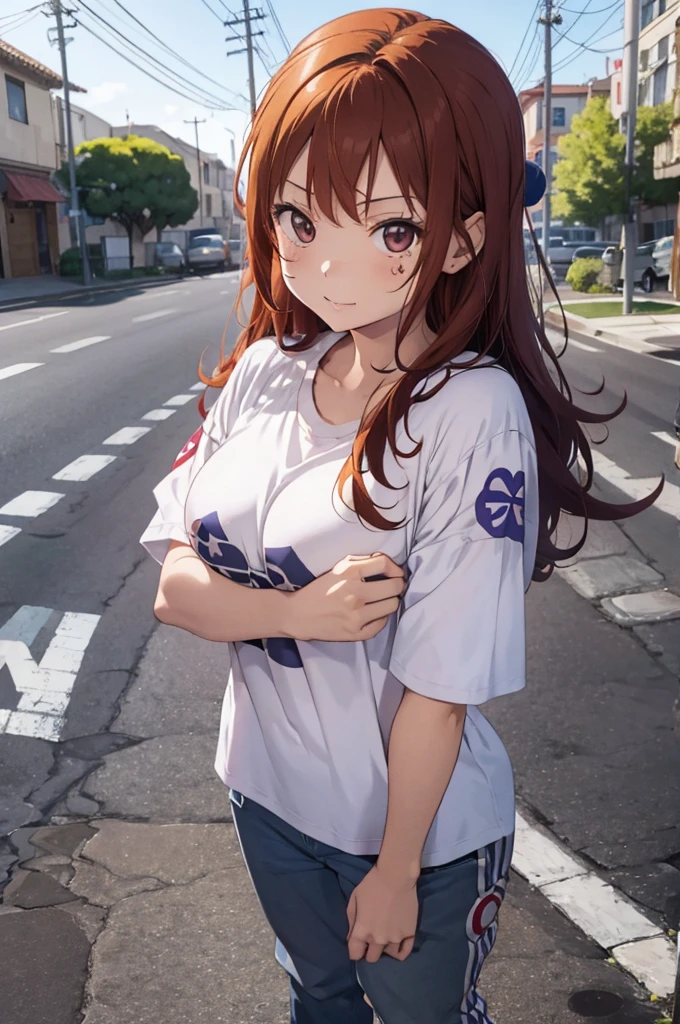 1 femal, small kid, asian, cute slanty eyes, full sleeve geisha tattoos on right arm, teardrop tattoo under eye, hip hop clothes, realistic lips, oversized white t-shirt, arms crossed propping up breast, hourglass figure, cat ears, on the street corner, pistol tucked in pants, light brown hair, purple eyes, laughing, red hair, slit pupils, peaked cap, best quality