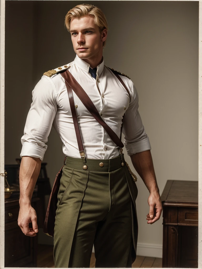 handsome muscular blond British officer of the 19th century in breeches, shirt, and removed suspenders