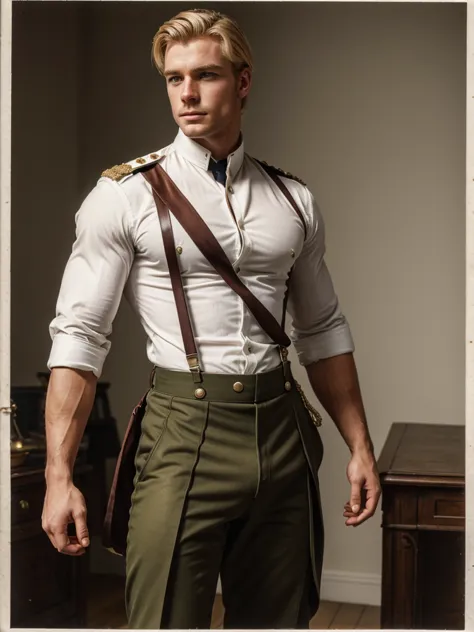 handsome muscular blond british officer of the 19th century in breeches, shirt, and removed suspenders