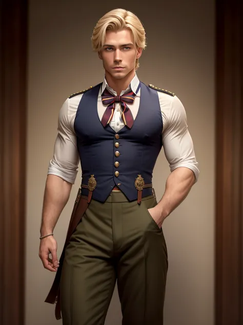 handsome muscular blond British officer of the 19th century in breeches, shirt, and removed suspenders