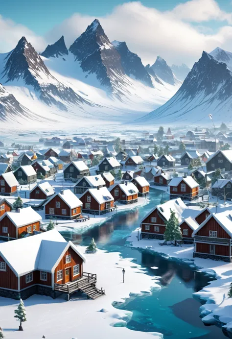 make me a winter town inspired by iceland and norway, with icy mountains in the background, forest with tundra, fancy, rustic ho...