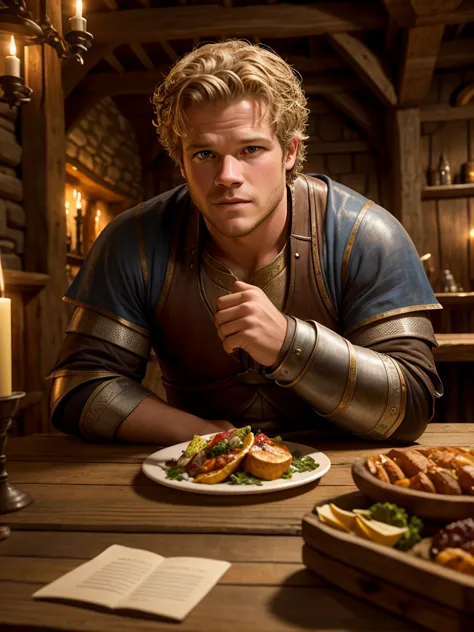 Christopher Egan as a handsome medieval knight sits at a table in a tavern, in front of him is a fat, obsequious innkeeper