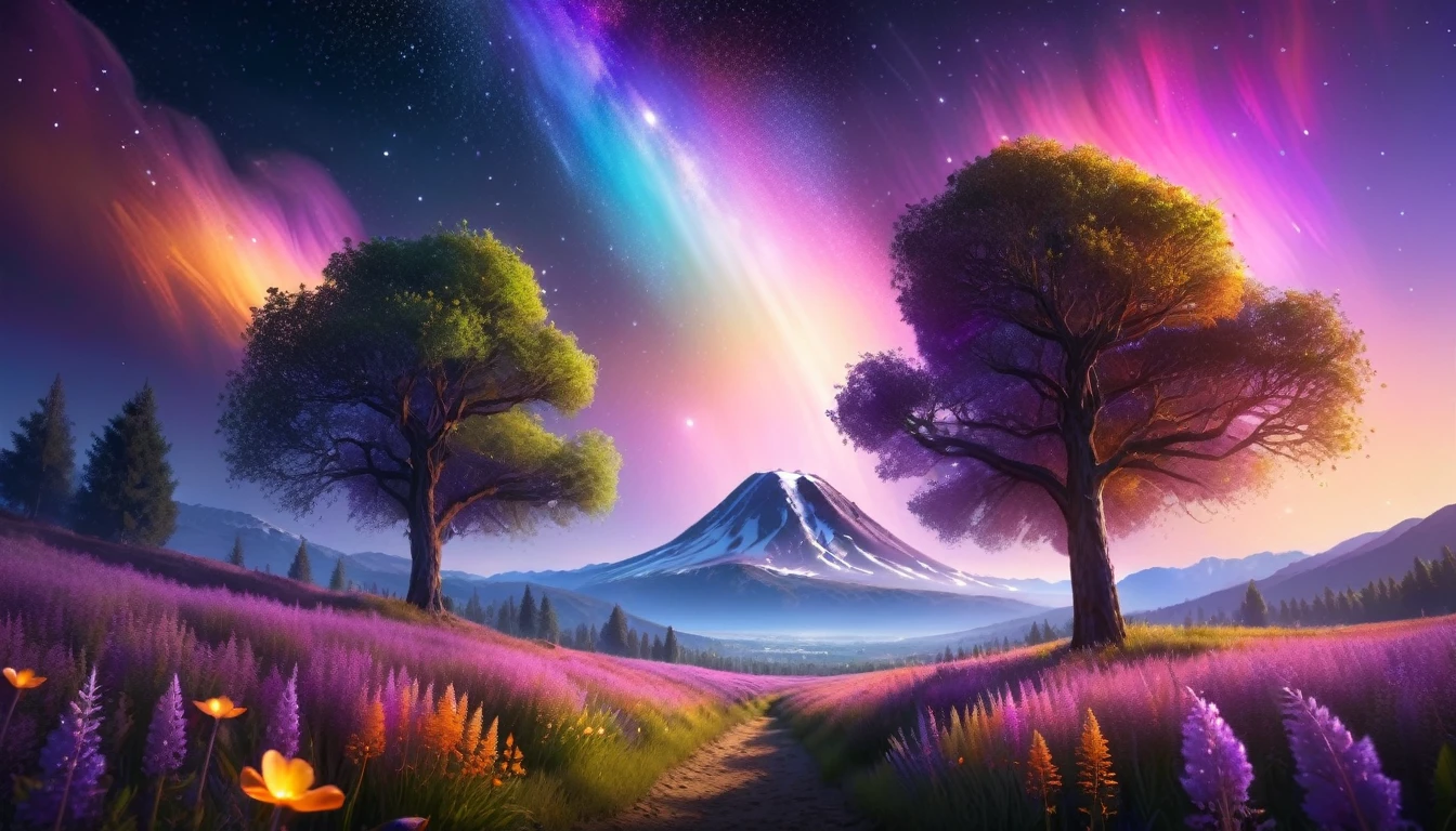 Huge landscape photo, (bottom view, sky above and open field below), A girl stands in a flower field and looks up, (Take the key: 1.2), (meteor: 0.9), (nebula: 1.3), distant mountains, BREAK Creating artistic trees, (warm light: 1.2), (fireflies: 1.2), lights, lots of purple and orange, complex parts, volumetric lighting, Realism (First job: 1.2), (better quality), 4K, ultra detailed, (dynamic compositing: 1.4), very detailed and colorful details, (rainbow colors: 1.2), (bright lighting, atmospheric lighting), dreamer, magic, (One: 1.2)