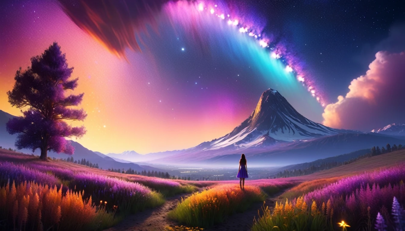 Huge landscape photo, (bottom view, sky above and open field below), A girl stands in a flower field and looks up, (Take the key: 1.2), (meteor: 0.9), (nebula: 1.3), distant mountains, BREAK Creating artistic trees, (warm light: 1.2), (fireflies: 1.2), lights, lots of purple and orange, complex parts, volumetric lighting, Realism (First job: 1.2), (better quality), 4K, ultra detailed, (dynamic compositing: 1.4), very detailed and colorful details, (rainbow colors: 1.2), (bright lighting, atmospheric lighting), dreamer, magic, (One: 1.2)