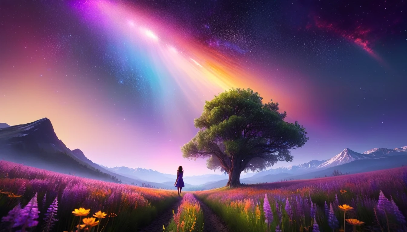 Huge landscape photo, (bottom view, sky above and open field below), A girl stands in a flower field and looks up, (Take the key: 1.2), (meteor: 0.9), (nebula: 1.3), distant mountains, BREAK Creating artistic trees, (warm light: 1.2), (fireflies: 1.2), lights, lots of purple and orange, complex parts, volumetric lighting, Realism (First job: 1.2), (better quality), 4K, ultra detailed, (dynamic compositing: 1.4), very detailed and colorful details, (rainbow colors: 1.2), (bright lighting, atmospheric lighting), dreamer, magic, (One: 1.2)