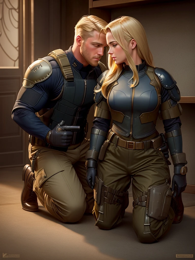 Leyendecker style illustration of a blonde Navy SEAL making love to a girl. He is dressed in a Kevlar body armor, the girl is kneeling in front of him, unbuttoning his trousers and underpants.