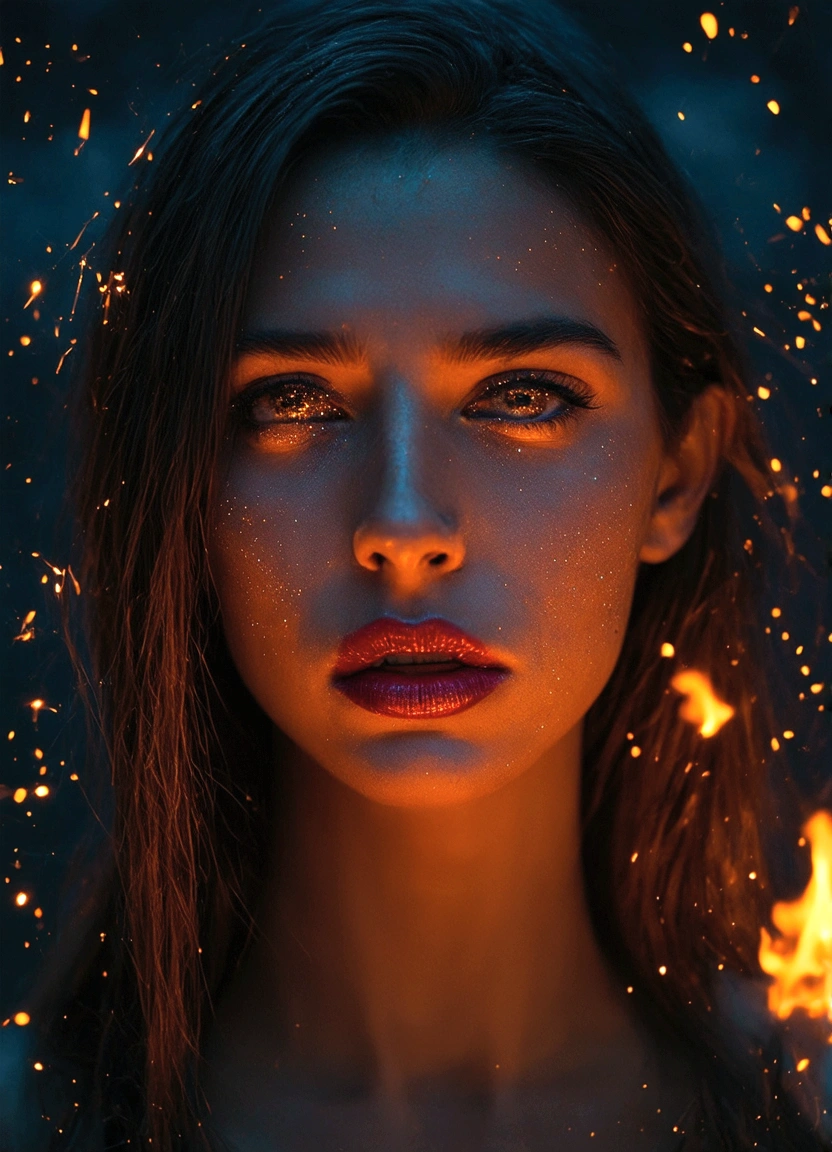 A movie film still of super very close-up portrait of a beautiful 18 year old woman with a mesmerizing and intense gaze, her face illuminated by warm, glowing light. She has glittering gold dust on her face, gold reflection in her eyes, and her lips are a deep, glossy red with shiny sparkles. The background is dark, with sparks and embers floating around her, creating a mystical and fiery atmosphere. Her expression is one of awe and wonder, with eyes reflecting the glowing light. Her hair is slightly messy, adding to the dramatic and ethereal feel of the scene. soaked film, 4k , 8k ,UHD, slightly sweaty skin.