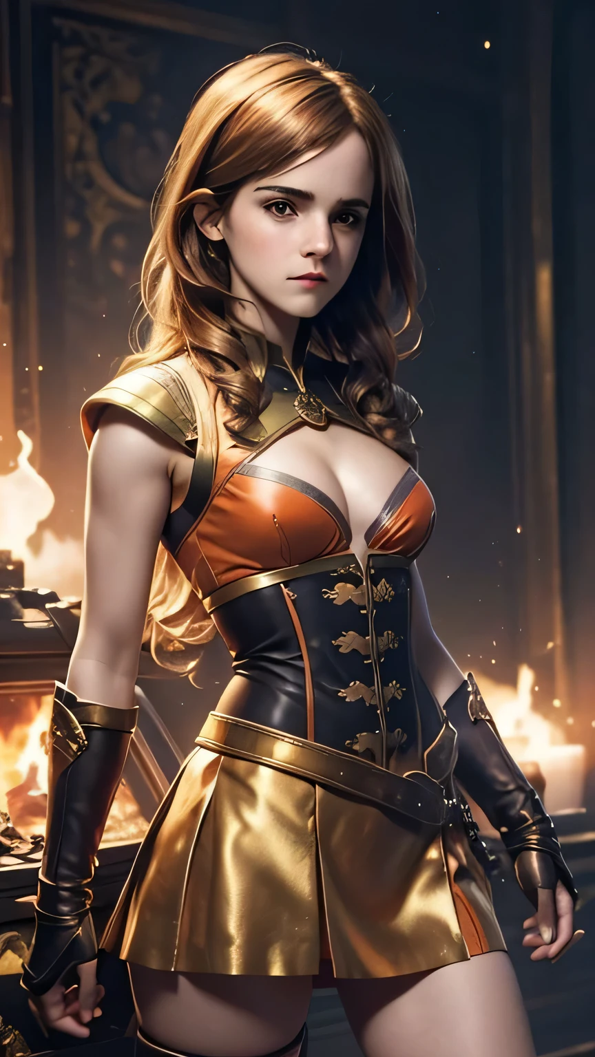 Emma Watson, gold doctor straight suit, Fantasy gold Dwarf dragon armer, wearing dark orange mini skirt fabric , (perfect big breasts:1.5, small waist, medium hips, perfect face)