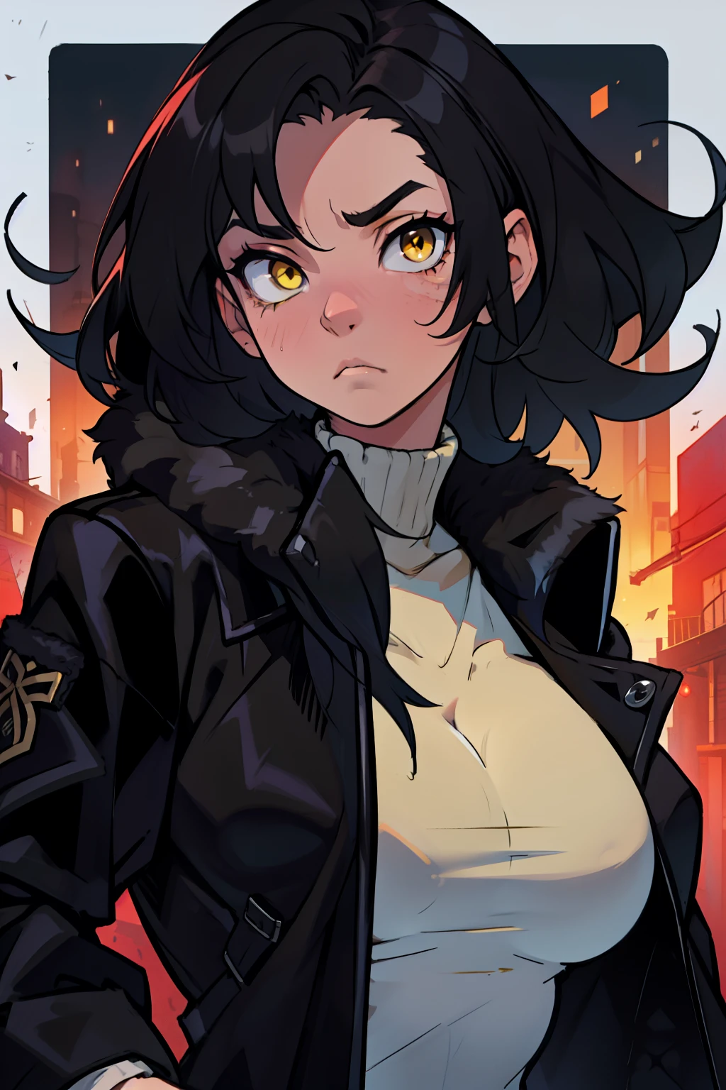 sad girl muscular girl large breasts yellow eyes black hair fur coat fur coat fur coat fur coat fur coat fur coat fur coat