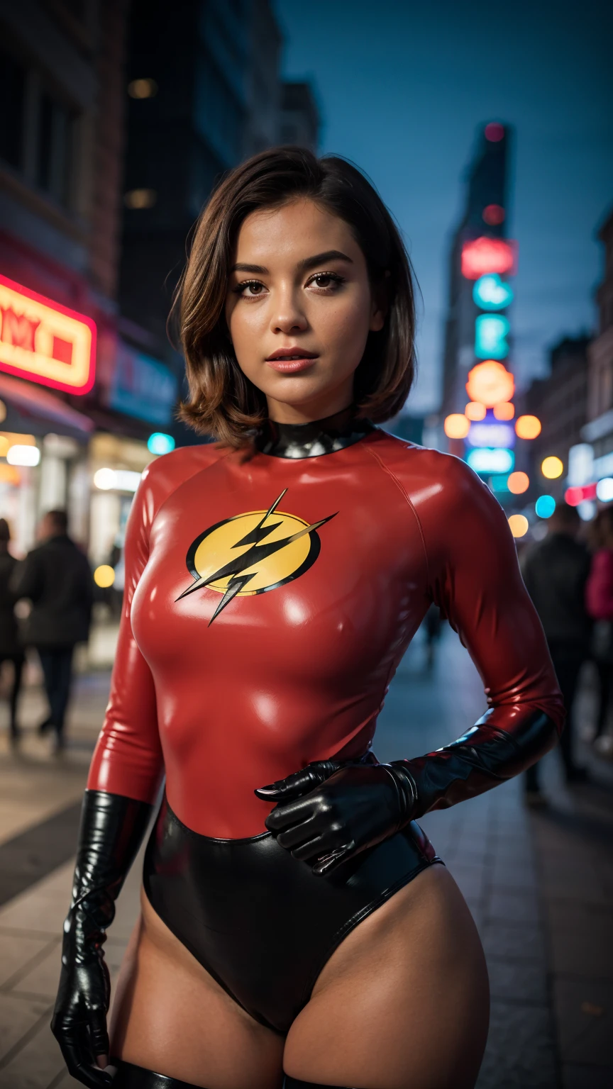 Masterpiece, (photorealistic1.4),Best quality, (solo), (1girl on night street)), (epiCRealLife), (lora:epiCFlashPhoto), (photorealistic1.4), (night scene), (night sky), (Helen Parr latex costume), (dakojohnold ), black elbow gloves), (black thighhigh), (Helen Parr bodysuit), (helen parr thighhigh) (helen parr short hair), (Helen Parr hairstyle), (outside patio), (1girl), (look at viewer), (demure), (spot light), (flashphoto, flash photography), (night time), (at night), (f/2.8), (cowboy shots), (close up upper body shot), (from front), (new york night street), (neon signs), (from front), (pose for pictures), 