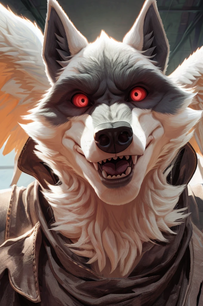 (ultimate death wolf) best quality, ultra high res,1furry boy， solo，detailed eyes, volumetric lighting, amazing, finely detail, cowboy shot, cloak , white fur, red eyes, white sclera, bright pupils, bright atmosphere, muscular, upper body, from below Looking at the viewer with a serious expression Golden wings open
