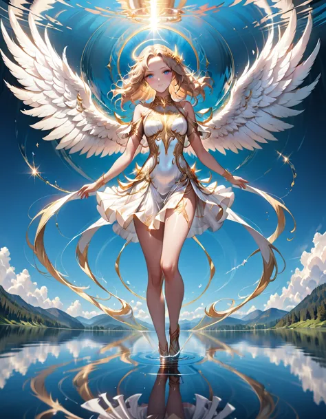 a picture of a female angel flying over a lake ((the angel's reflection mirrored perfectly in the lake: 1.5)), full body shot, a...