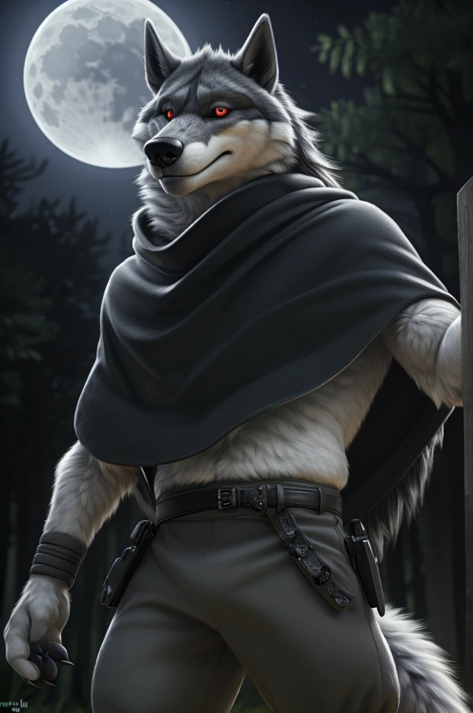 death (puss in boots), male, muscular, wolf, canid, fluffy, standing, night, forest, claws, paws, low angle view, long hair, black sclera, red eyes, tail, front view, action pose, (black poncho:1.2), clothed, bottomwear, pants, belt, white body, black fur, black fur, grey fur, forest, moonlight night, BREAK, by virtyalfobo, by anchee, by snowskau, by foxovh, by sabretoothed ermine, (intricate, high detail, film photography, soft focus, RAW candid cinema, photorealism, realistic, photorealistic, analog style, subsurface scattering, masterpiece, best quality, ultra realistic, 8k)
