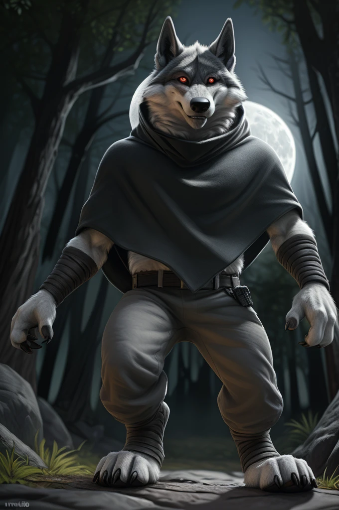 death (puss in boots), male, muscular, wolf, canid, fluffy, standing, night, forest, claws, paws, low angle view, long hair, black sclera, red eyes, tail, front view, action pose, (black poncho:1.2), clothed, bottomwear, pants, belt, white body, black fur, black fur, grey fur, forest, moonlight night, BREAK, by virtyalfobo, by anchee, by snowskau, by foxovh, by sabretoothed ermine, (intricate, high detail, film photography, soft focus, RAW candid cinema, photorealism, realistic, photorealistic, analog style, subsurface scattering, masterpiece, best quality, ultra realistic, 8k)
