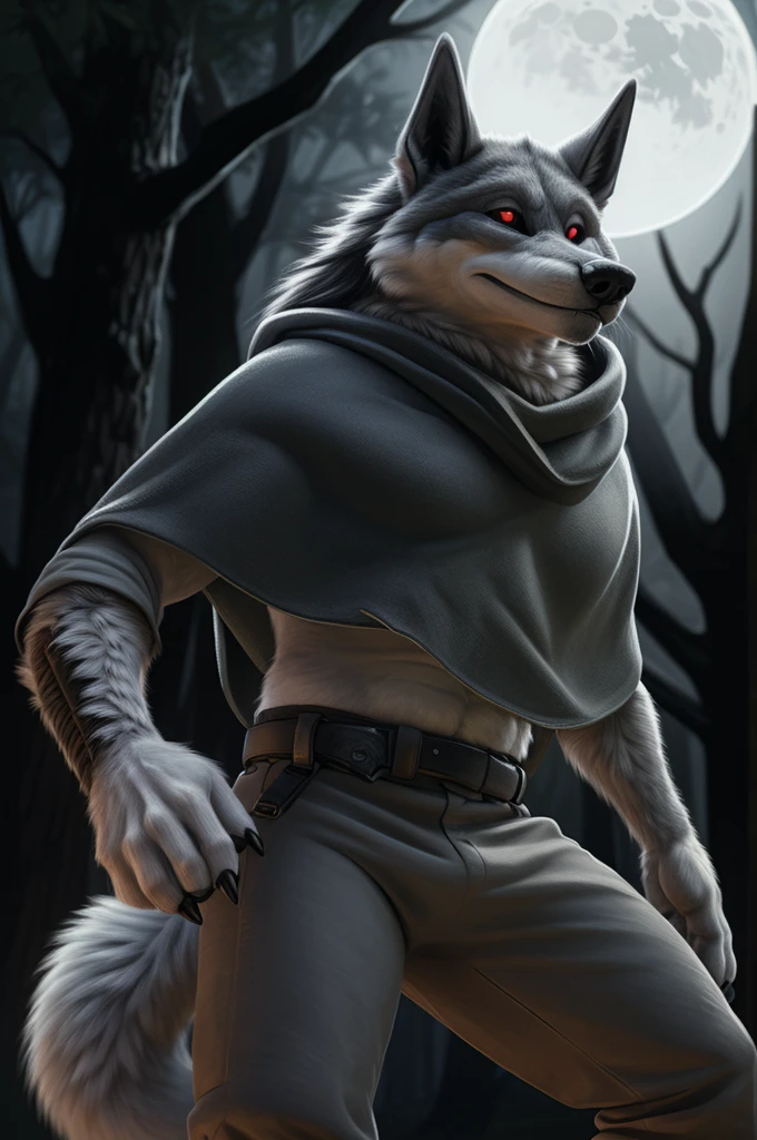 death (puss in boots), male, muscular, wolf, canid, fluffy, standing, night, forest, claws, paws, low angle view, long hair, black sclera, red eyes, tail, front view, action pose, (black poncho:1.2), clothed, bottomwear, pants, belt, white body, black fur, black fur, grey fur, forest, moonlight night, BREAK, by virtyalfobo, by anchee, by snowskau, by foxovh, by sabretoothed ermine, (intricate, high detail, film photography, soft focus, RAW candid cinema, photorealism, realistic, photorealistic, analog style, subsurface scattering, masterpiece, best quality, ultra realistic, 8k)
